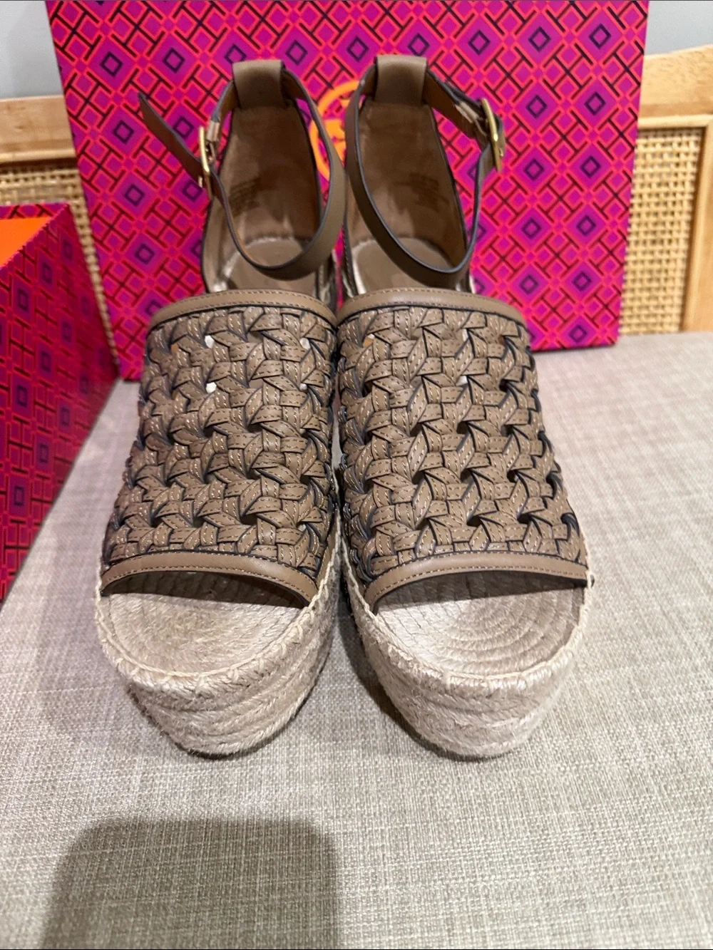 Tory Burch Woven Platform Espadrilles Brown Tan s 8.5